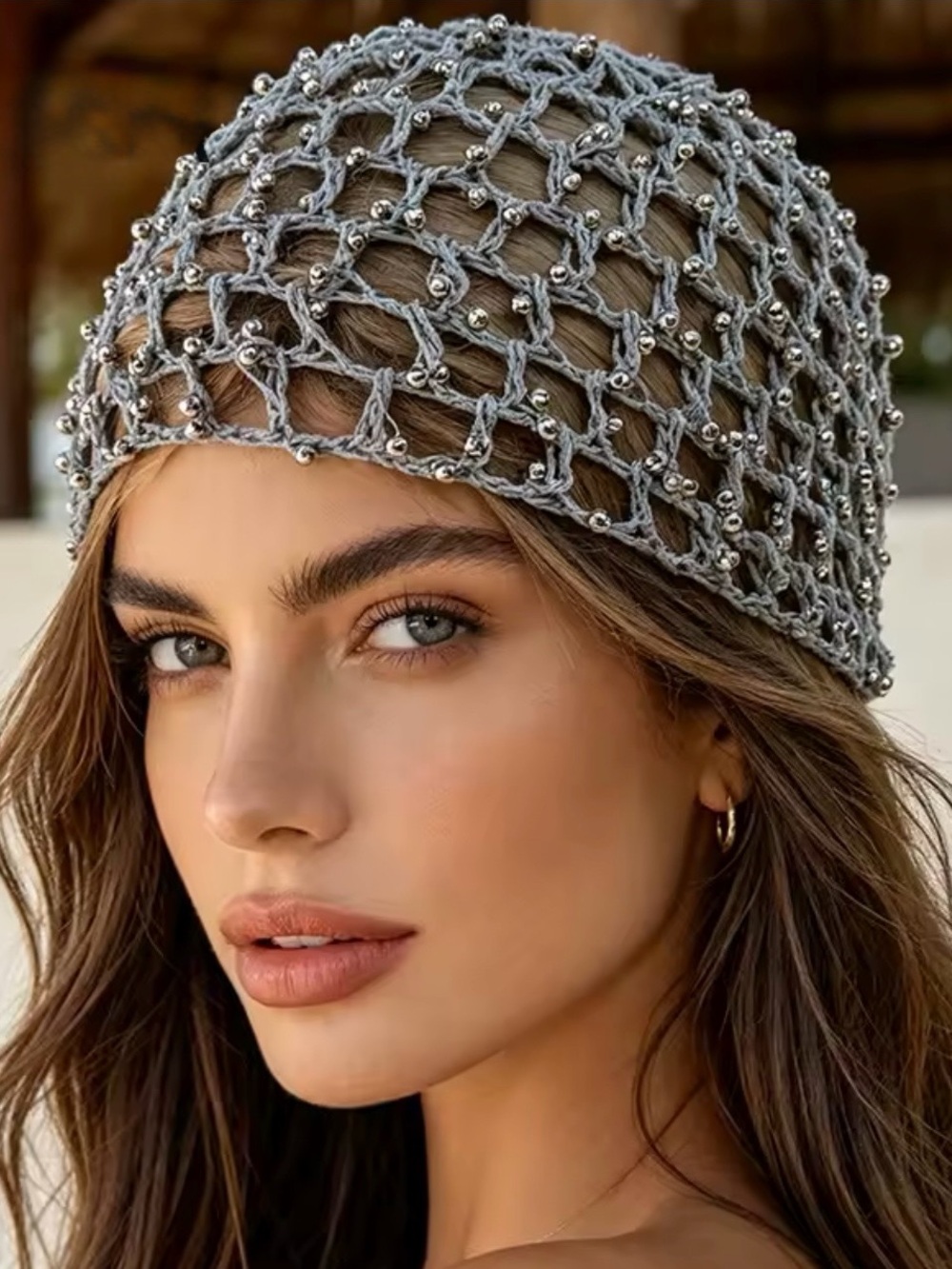 Silver Gray Beaded Crochet Net Hat for Women